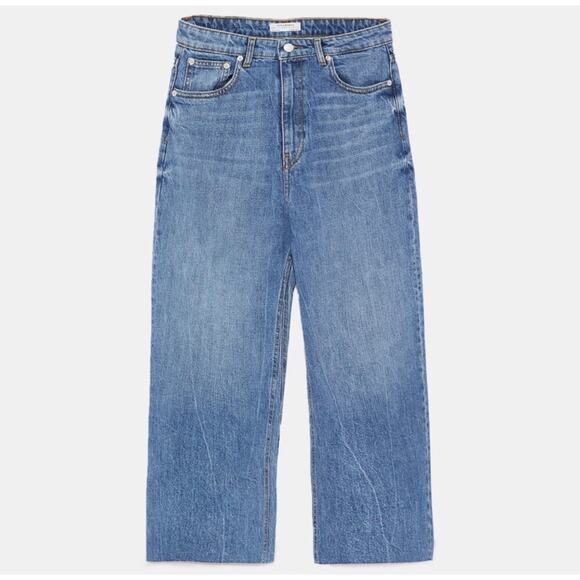 Zara High Waist Culottes Jeans Blue Size 4 Raw Hem Medium Wash Cotton Casual - Picture 3 of 13